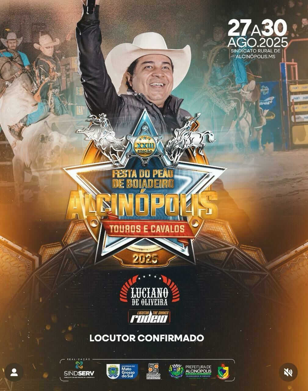 Imagem de compartilhamento para o artigo Gigante da arena, Luciano de Oliveira e outros locutores renomados são confirmados na XXIII Festa do Peão de Alcinópolis da MS Todo dia